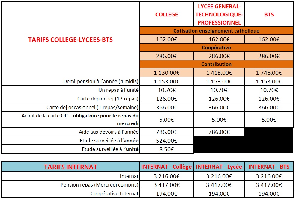 Tarifs collège-lycée-bts et internat