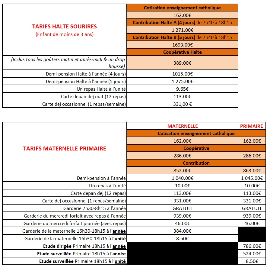 Tarifs halte sourires et maternelle-primaire